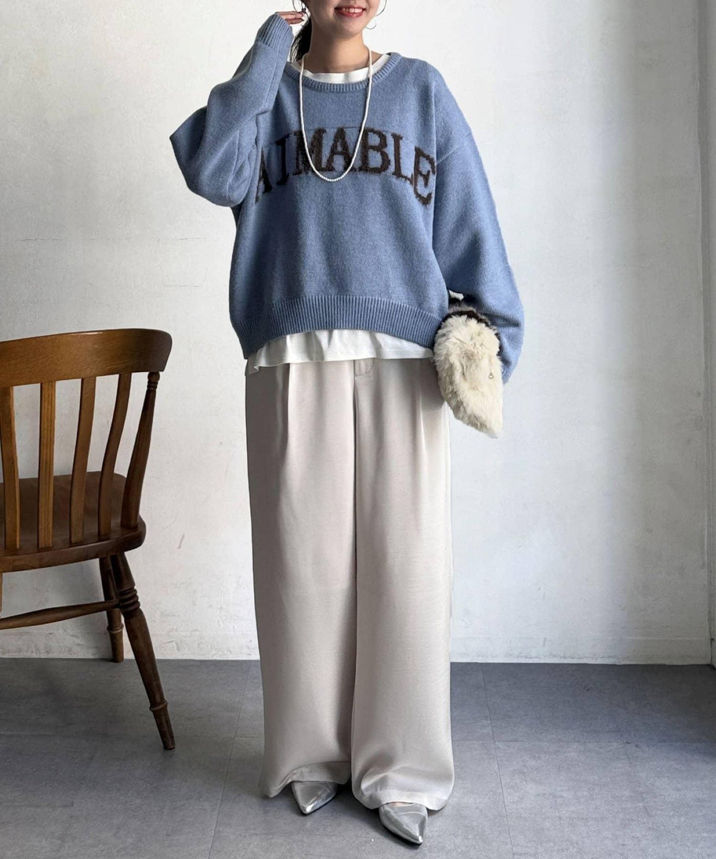 毛絨字母圖案針織套頭衫