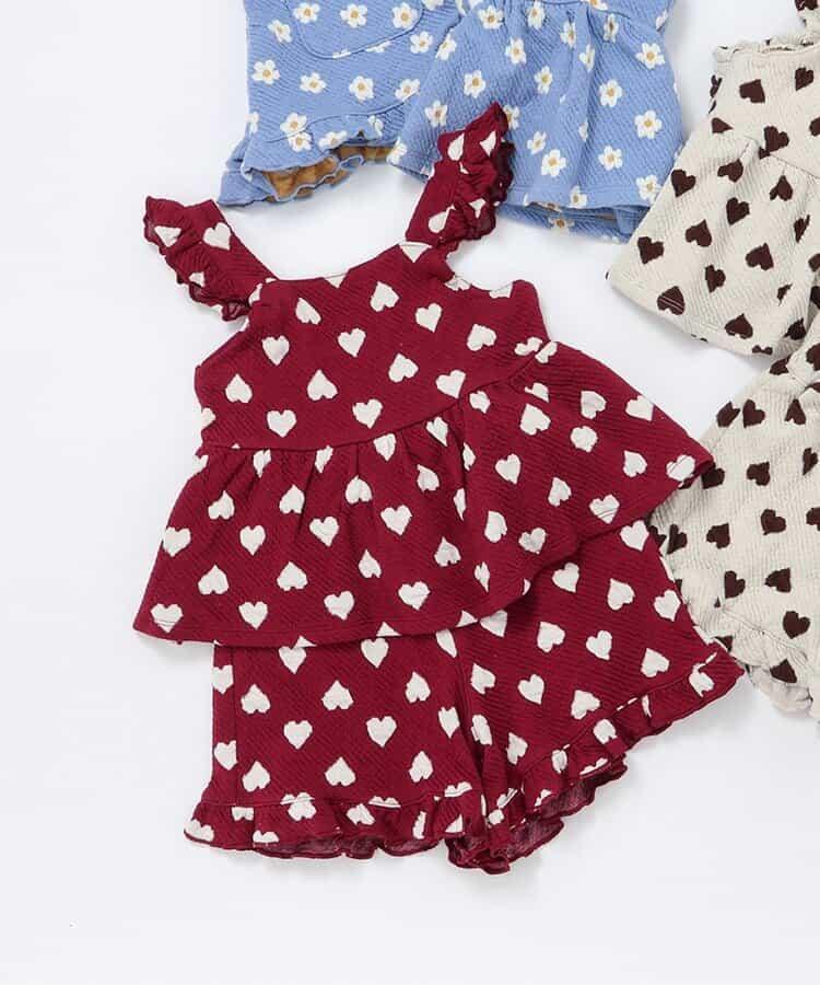 愛心花卉提花吊帶背心&荷葉邊短褲套裝 短款