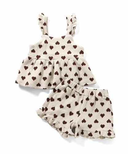 愛心花卉提花吊帶背心&荷葉邊短褲套裝 短款