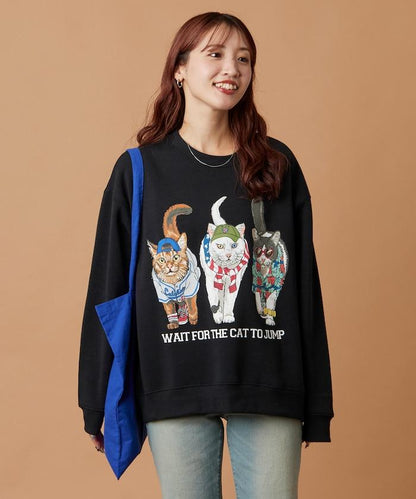 寬鬆版型 雙面印花 圓領衛衣 / THREE CATS