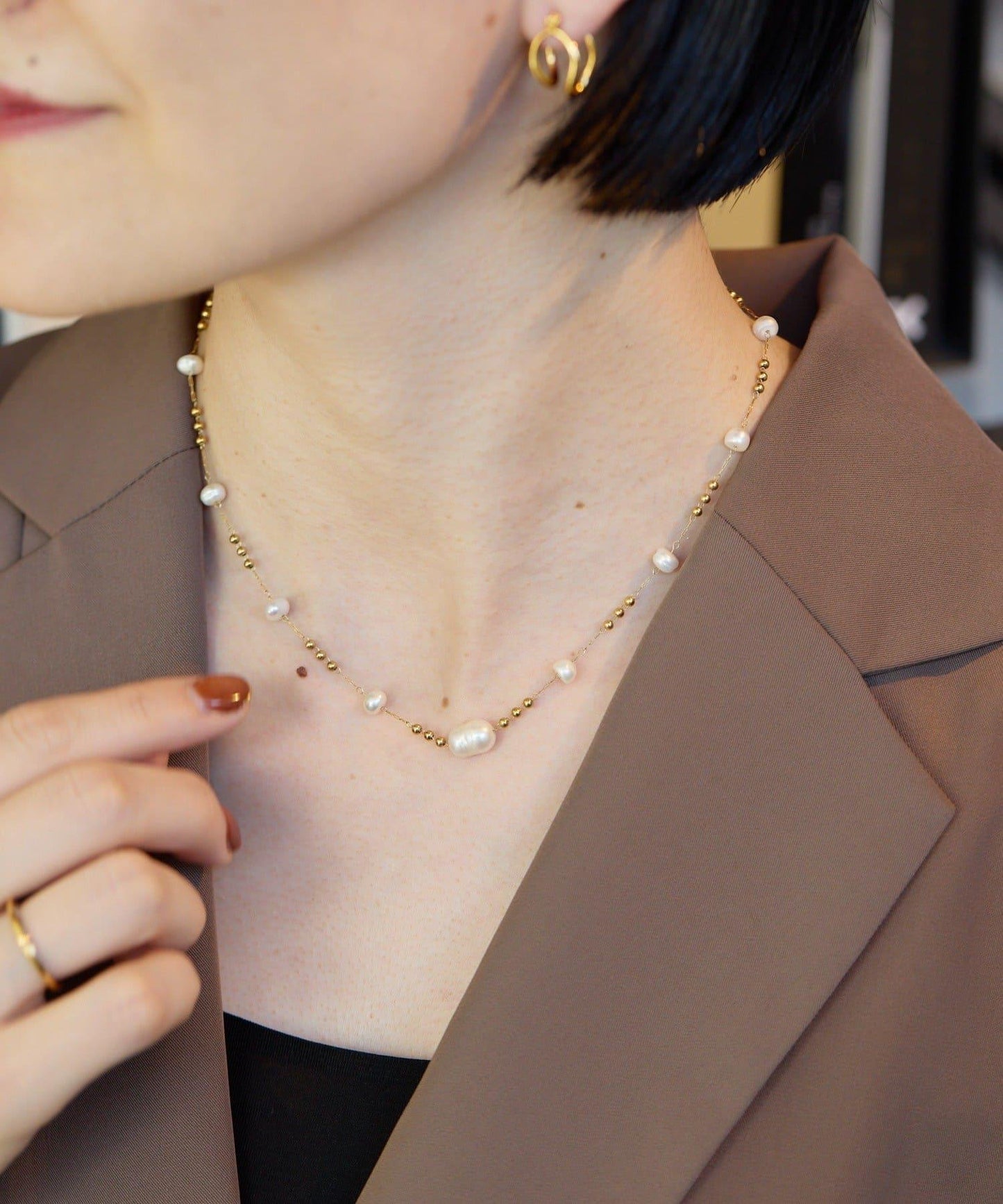 金屬過敏適用/不鏽鋼設計珍珠鏈條項鍊