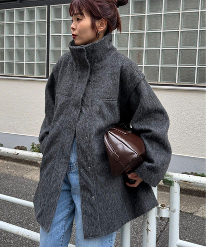 可拆卸毛絨袖立領中長款外套