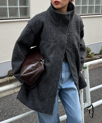 可拆卸毛絨袖立領中長款外套