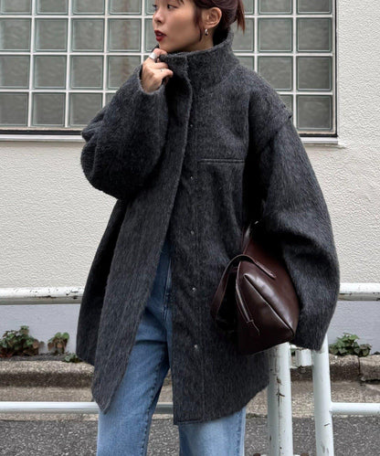 可拆卸毛絨袖立領中長款外套