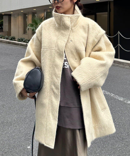 可拆卸毛絨袖立領中長款外套