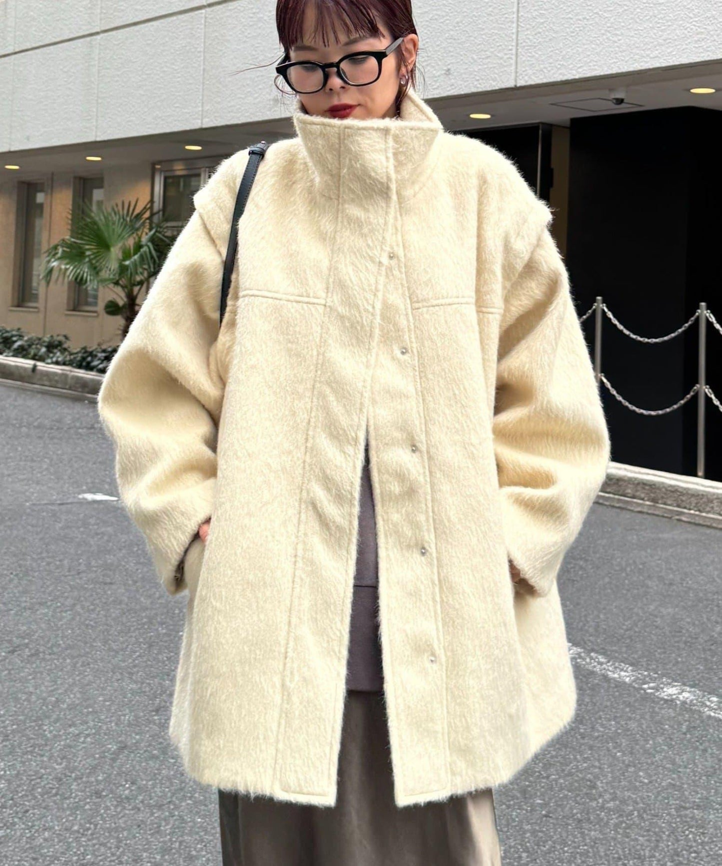 可拆卸毛絨袖立領中長款外套