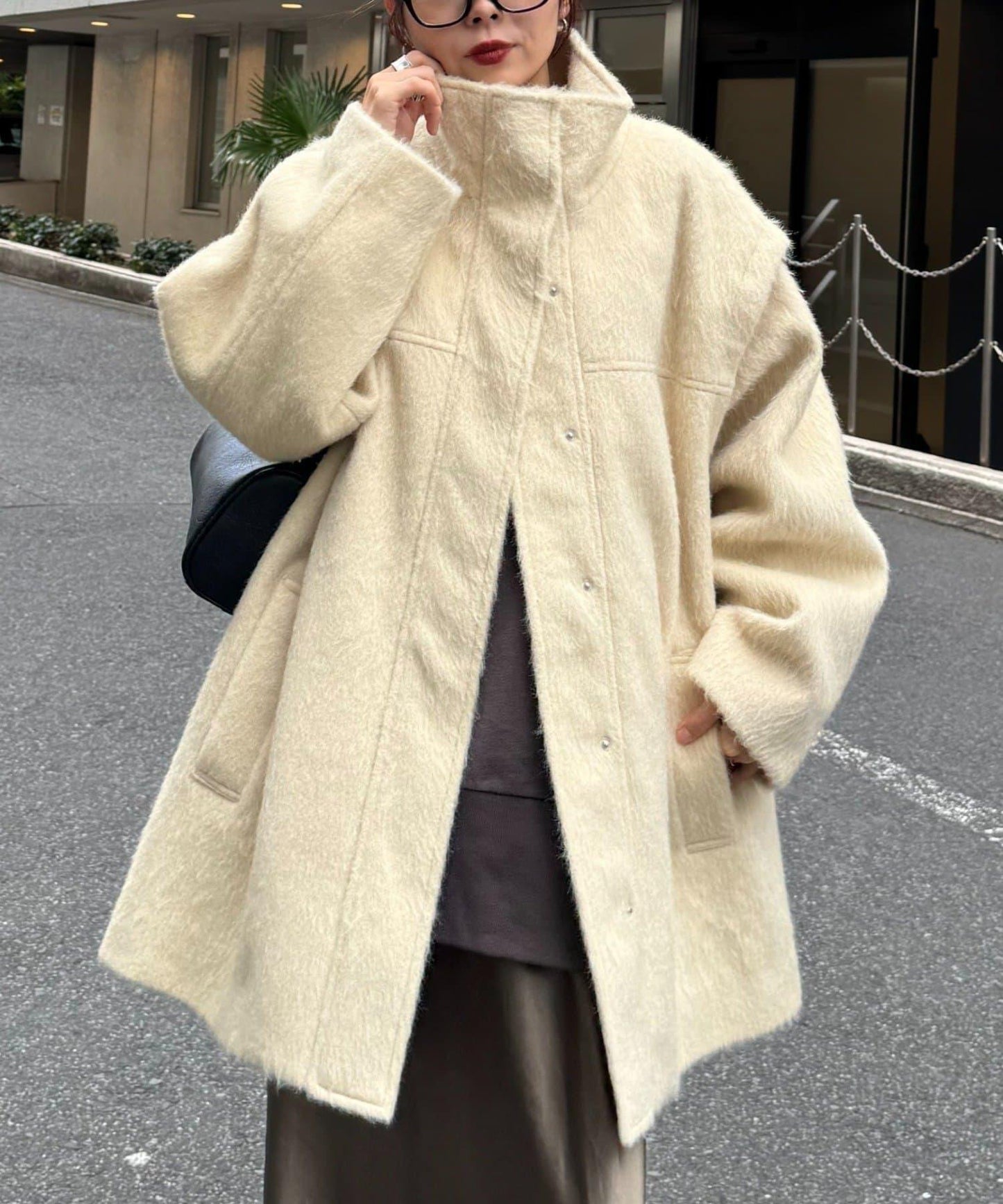 可拆卸毛絨袖立領中長款外套