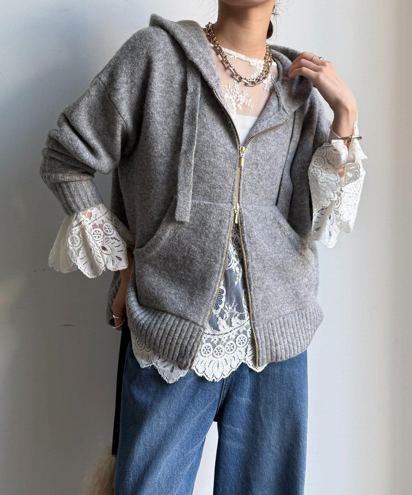 絨毛紗線拉鍊連帽衫