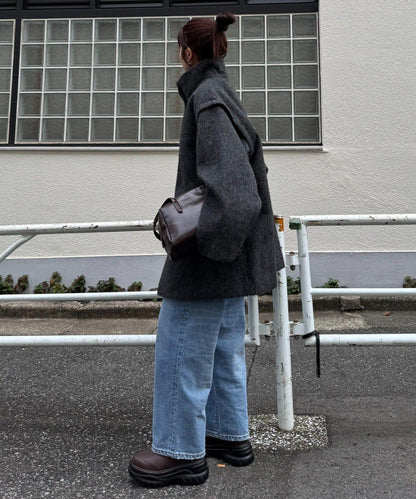 可拆卸毛絨袖立領中長款外套