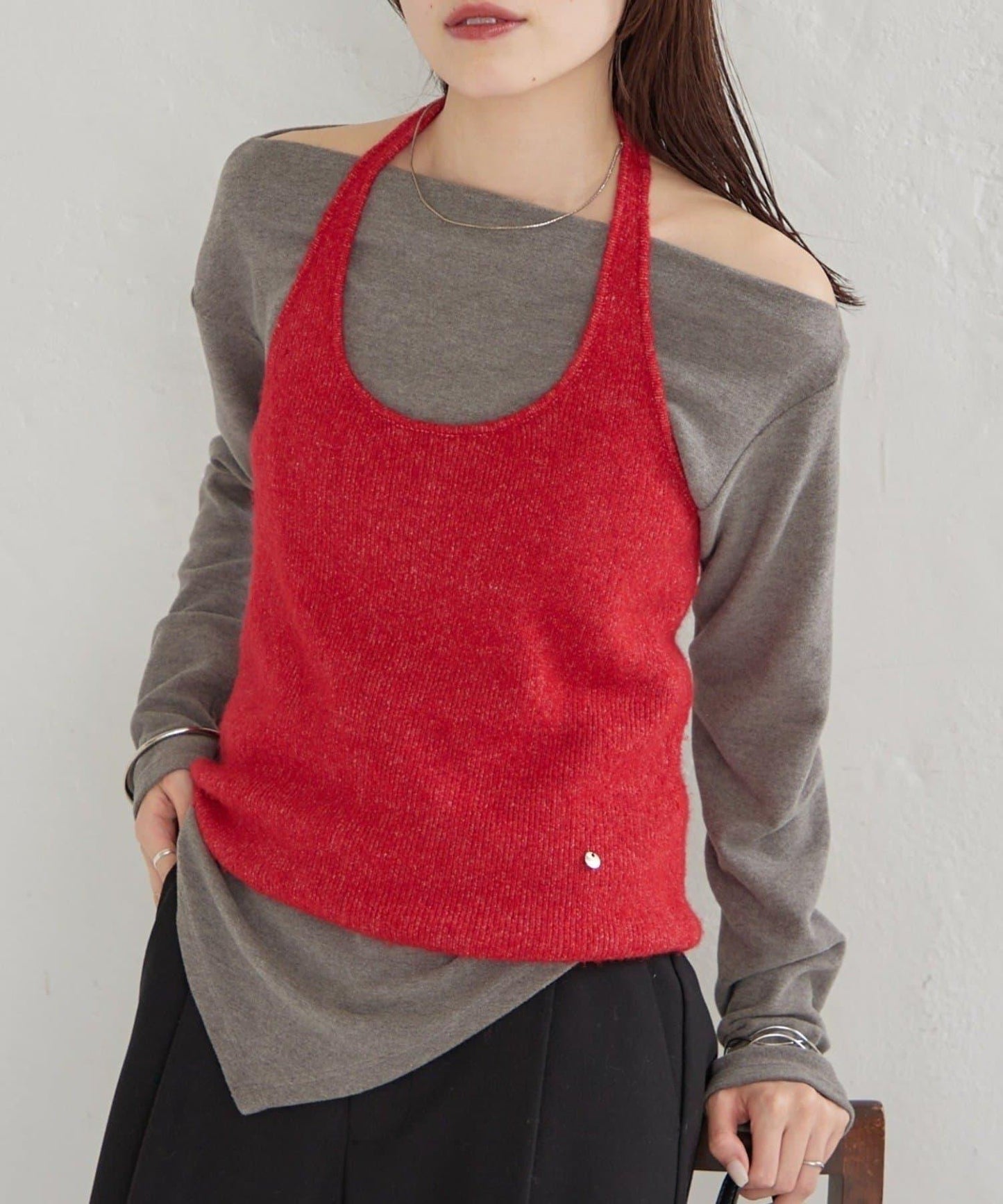 掛脖短款背心套裝長袖T恤