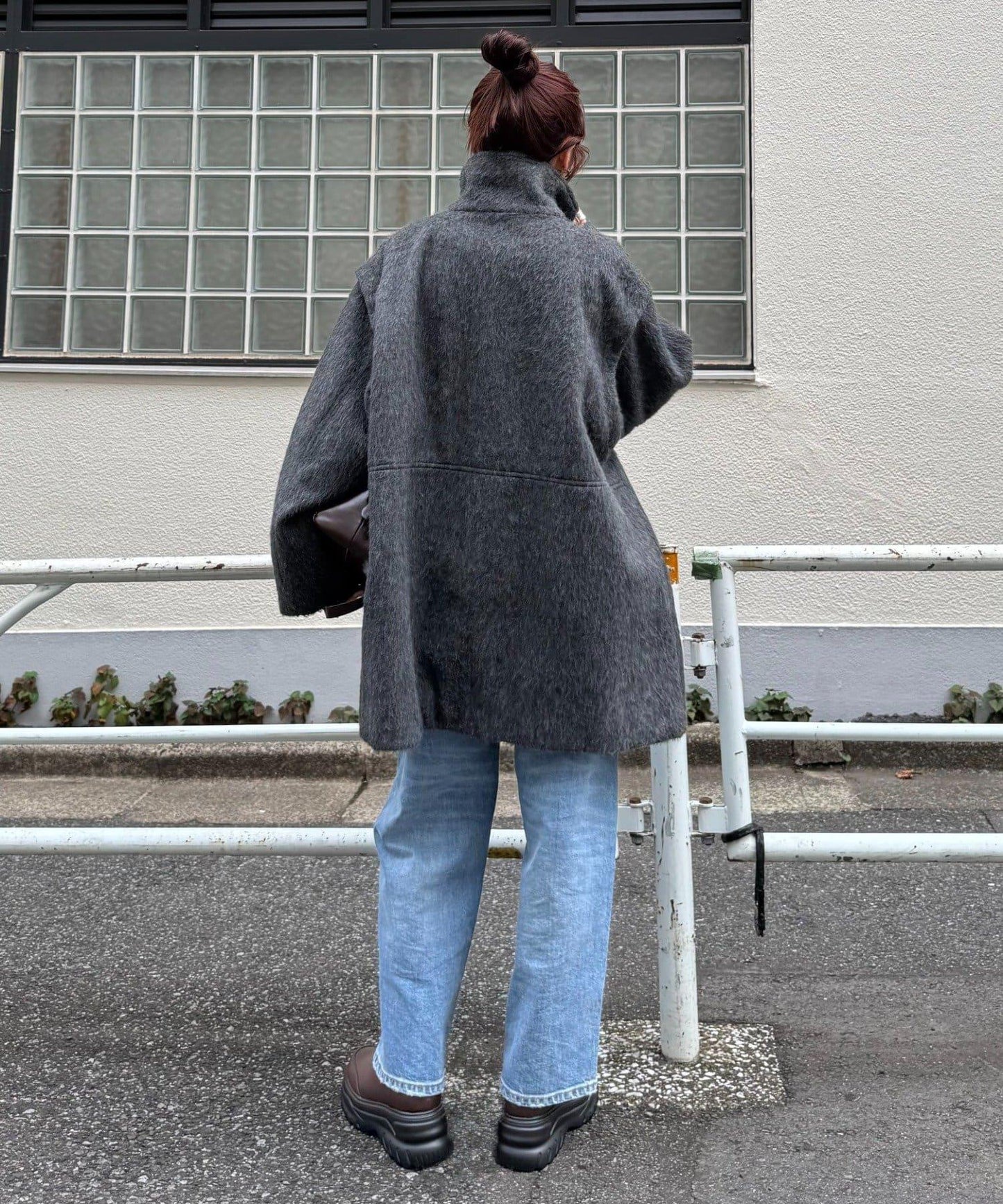 可拆卸毛絨袖立領中長款外套