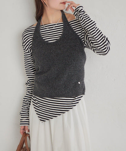 掛脖短款背心套裝長袖T恤