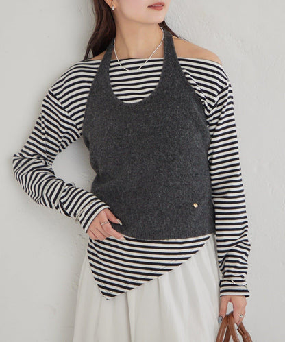 掛脖短款背心套裝長袖T恤