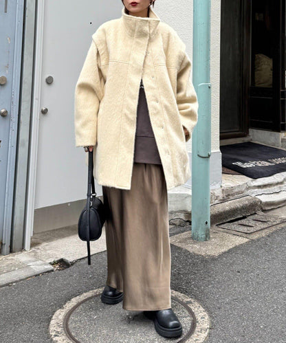 可拆卸毛絨袖立領中長款外套