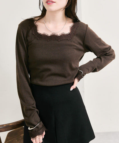 方領蕾絲長袖T恤