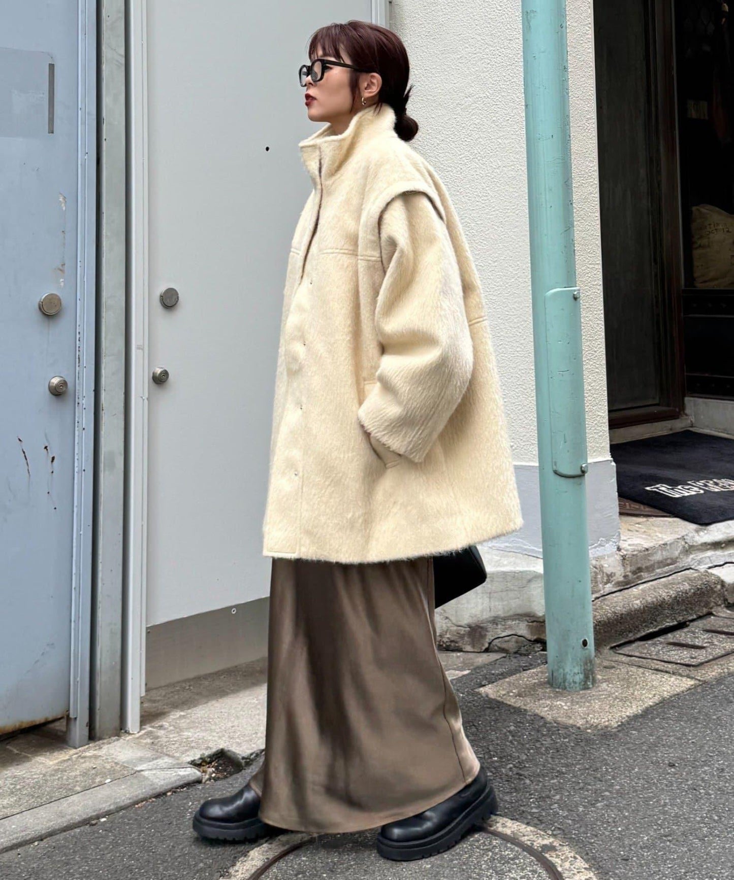 可拆卸毛絨袖立領中長款外套