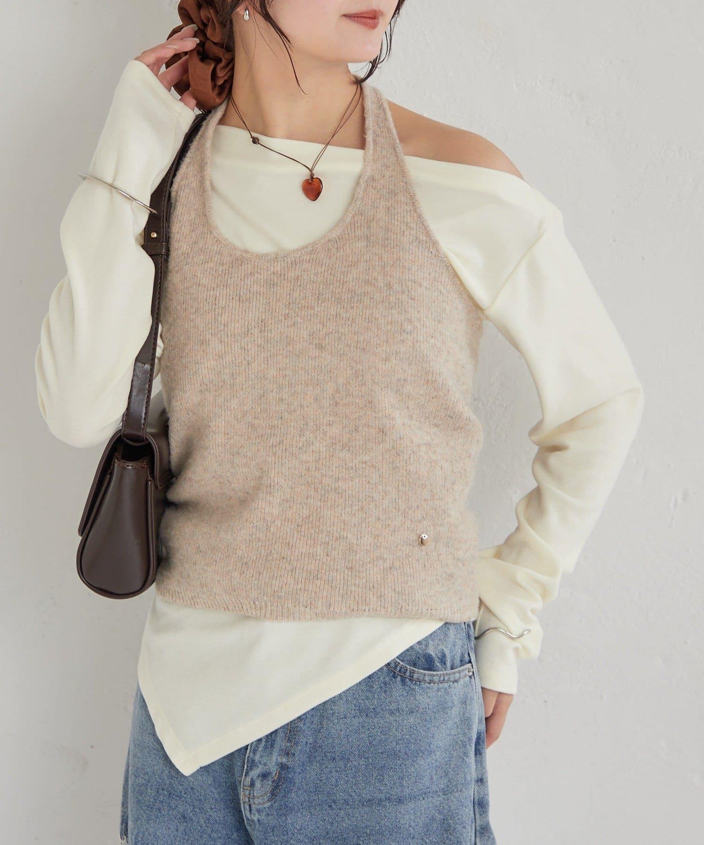 掛脖短款背心套裝長袖T恤