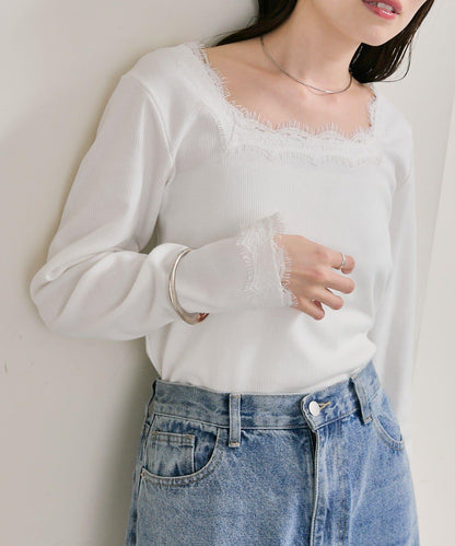 方領蕾絲長袖T恤