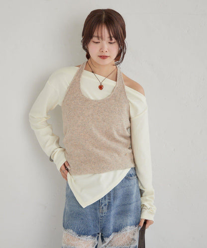 掛脖短款背心套裝長袖T恤