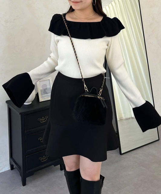 一字肩荷葉邊針織衫