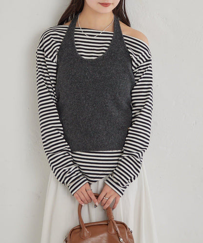 掛脖短款背心套裝長袖T恤