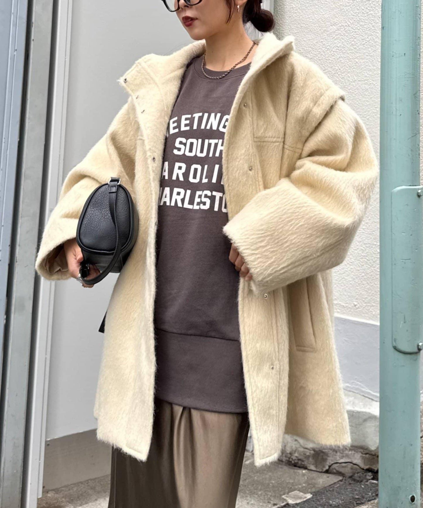 可拆卸毛絨袖立領中長款外套