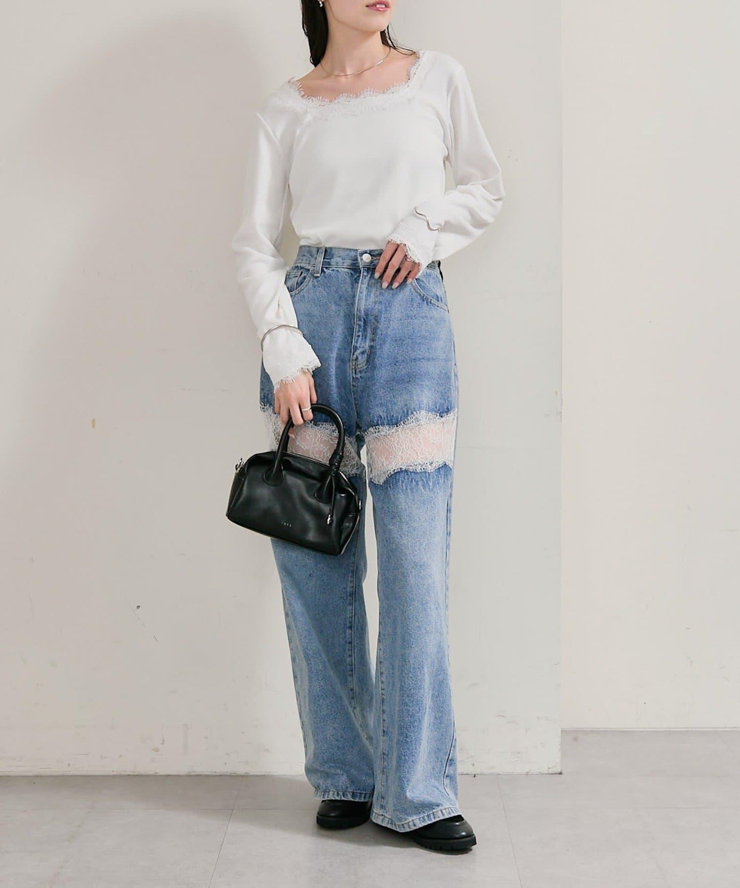 方領蕾絲長袖T恤