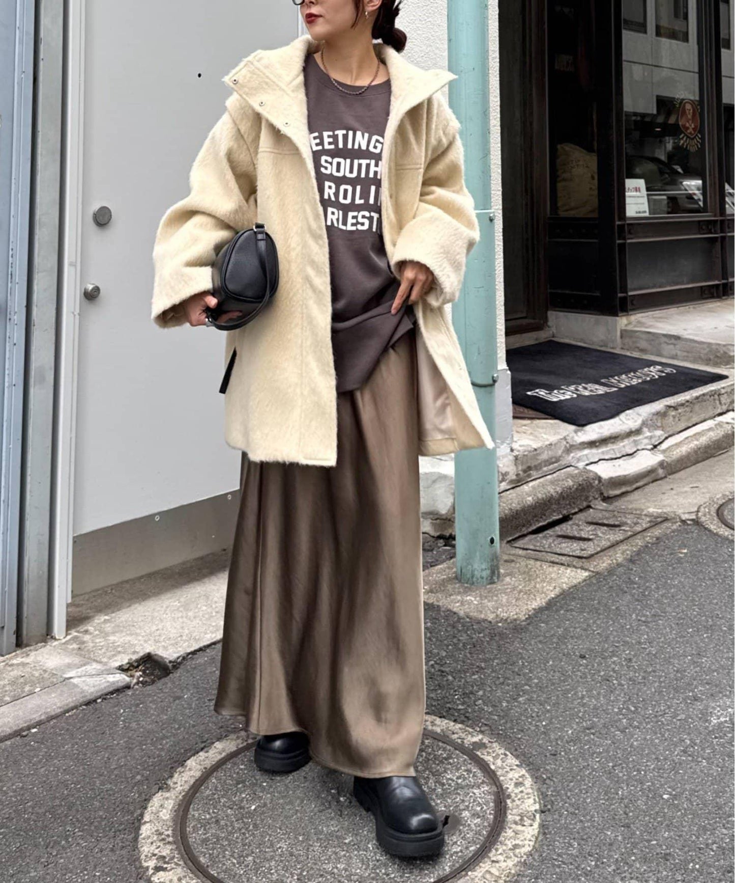 可拆卸毛絨袖立領中長款外套