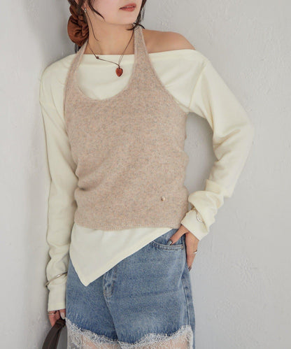 掛脖短款背心套裝長袖T恤