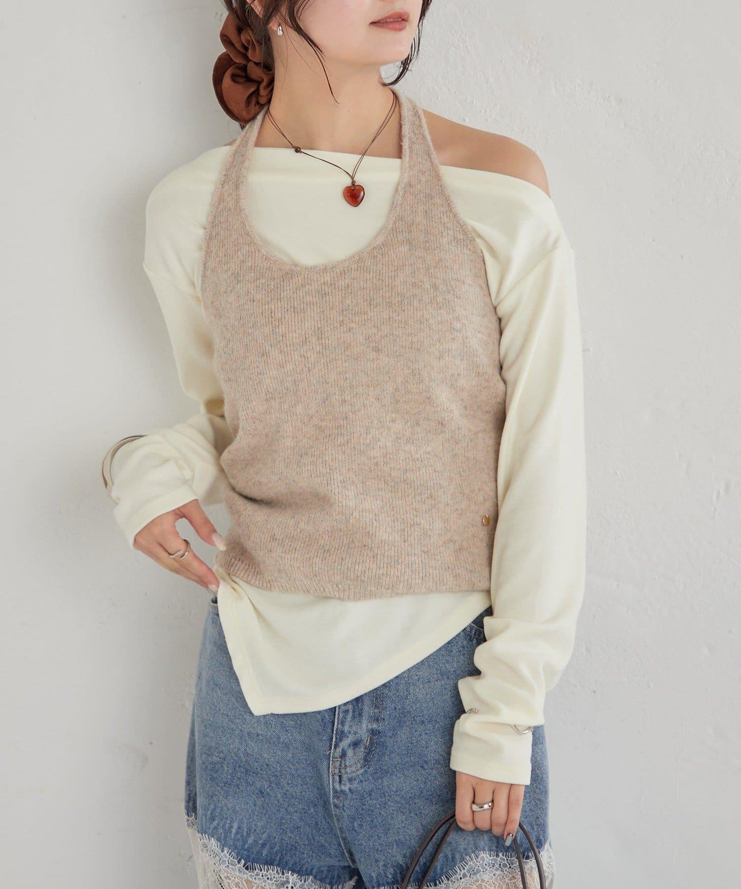 掛脖短款背心套裝長袖T恤