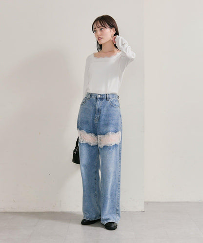 方領蕾絲長袖T恤