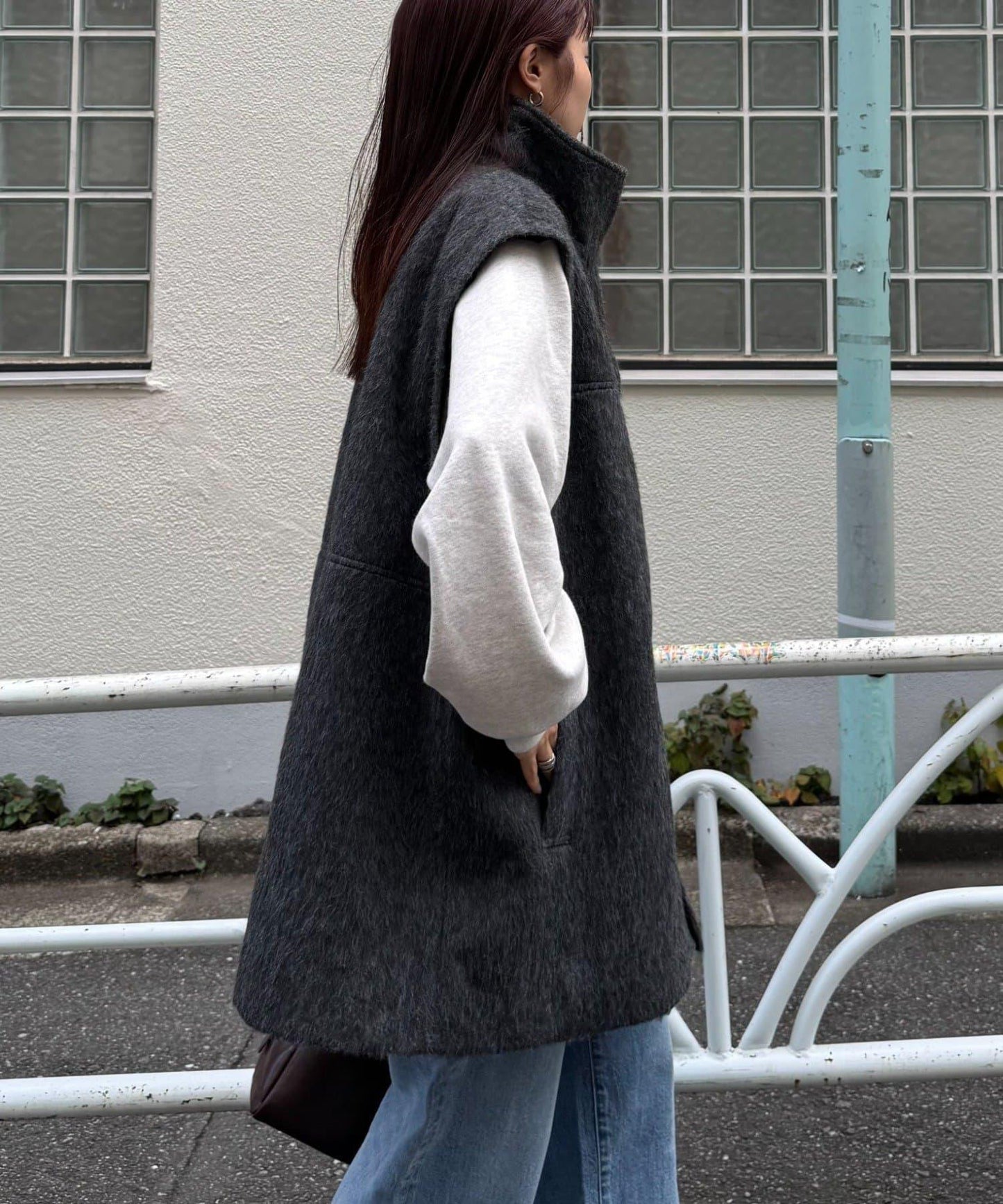 可拆卸毛絨袖立領中長款外套