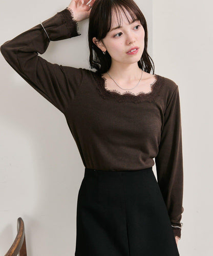 方領蕾絲長袖T恤