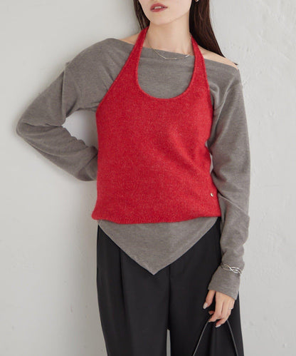 掛脖短款背心套裝長袖T恤