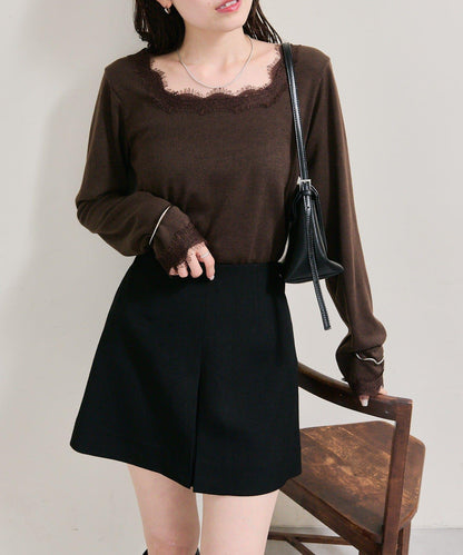 方領蕾絲長袖T恤
