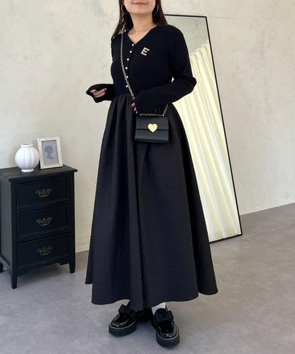 【前後兩穿】珍珠紐扣拼接喇叭連衣裙