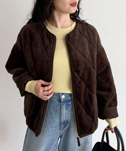 毛絨絎縫拉鍊大衣