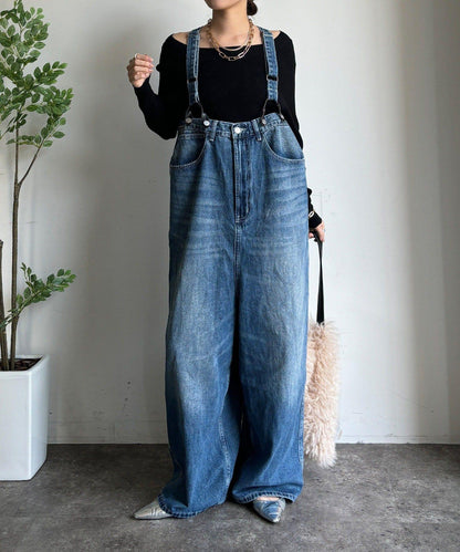 帶吊帶牛仔連體褲