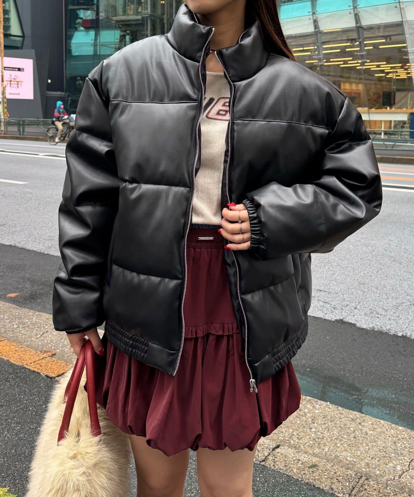 仿皮革泡芙夾克