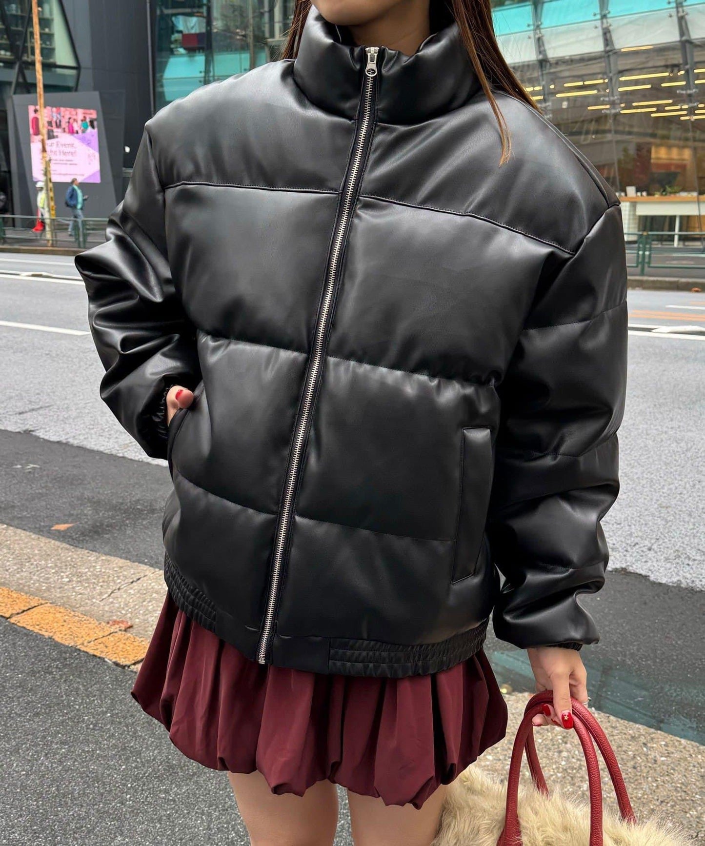 仿皮革泡芙夾克