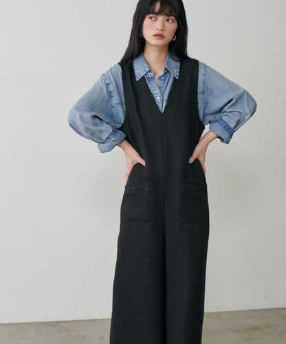 流蘇花呢揹帶褲