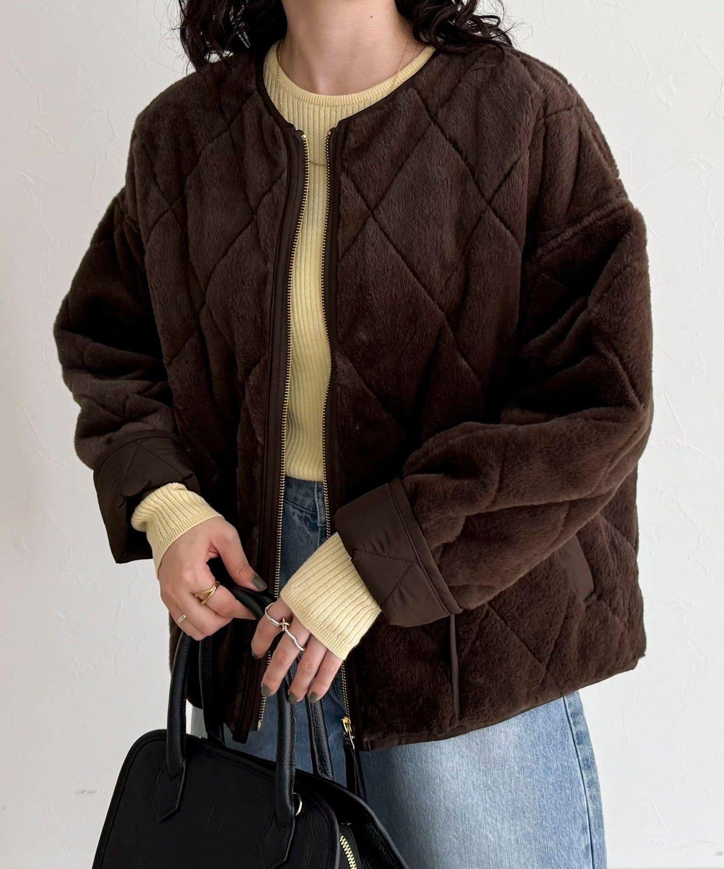 毛絨絎縫拉鍊大衣