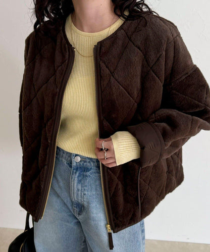 毛絨絎縫拉鍊大衣