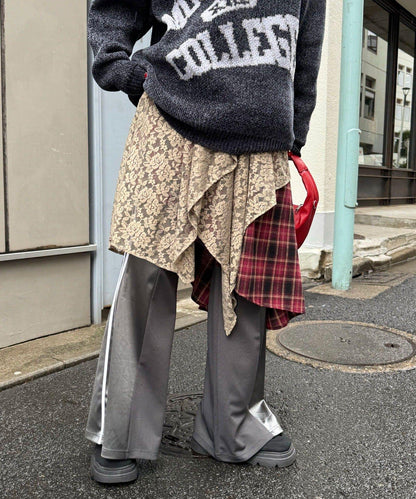 蕾絲拼接格紋不規則中長裙