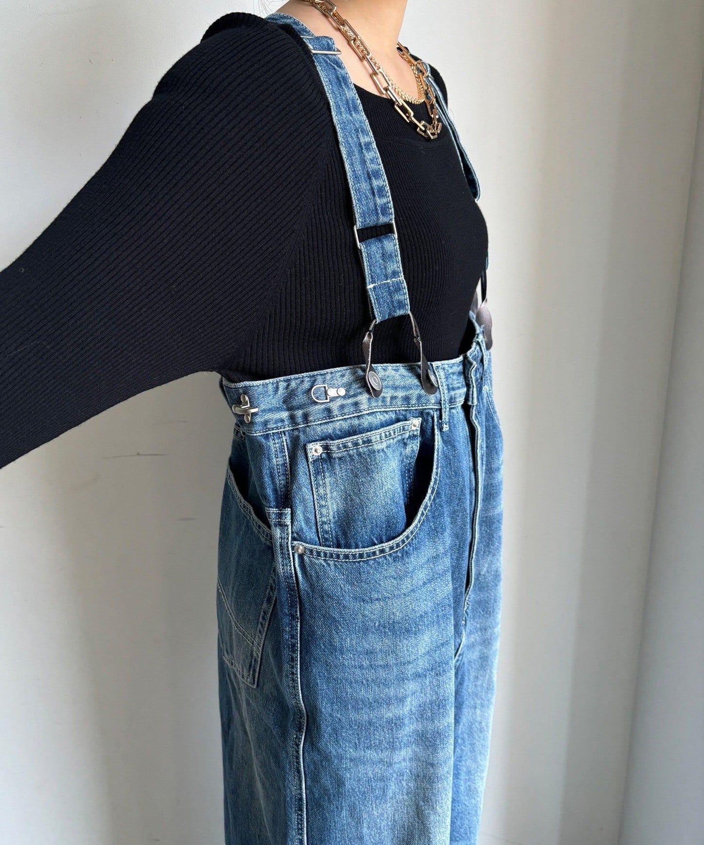 帶吊帶牛仔連體褲