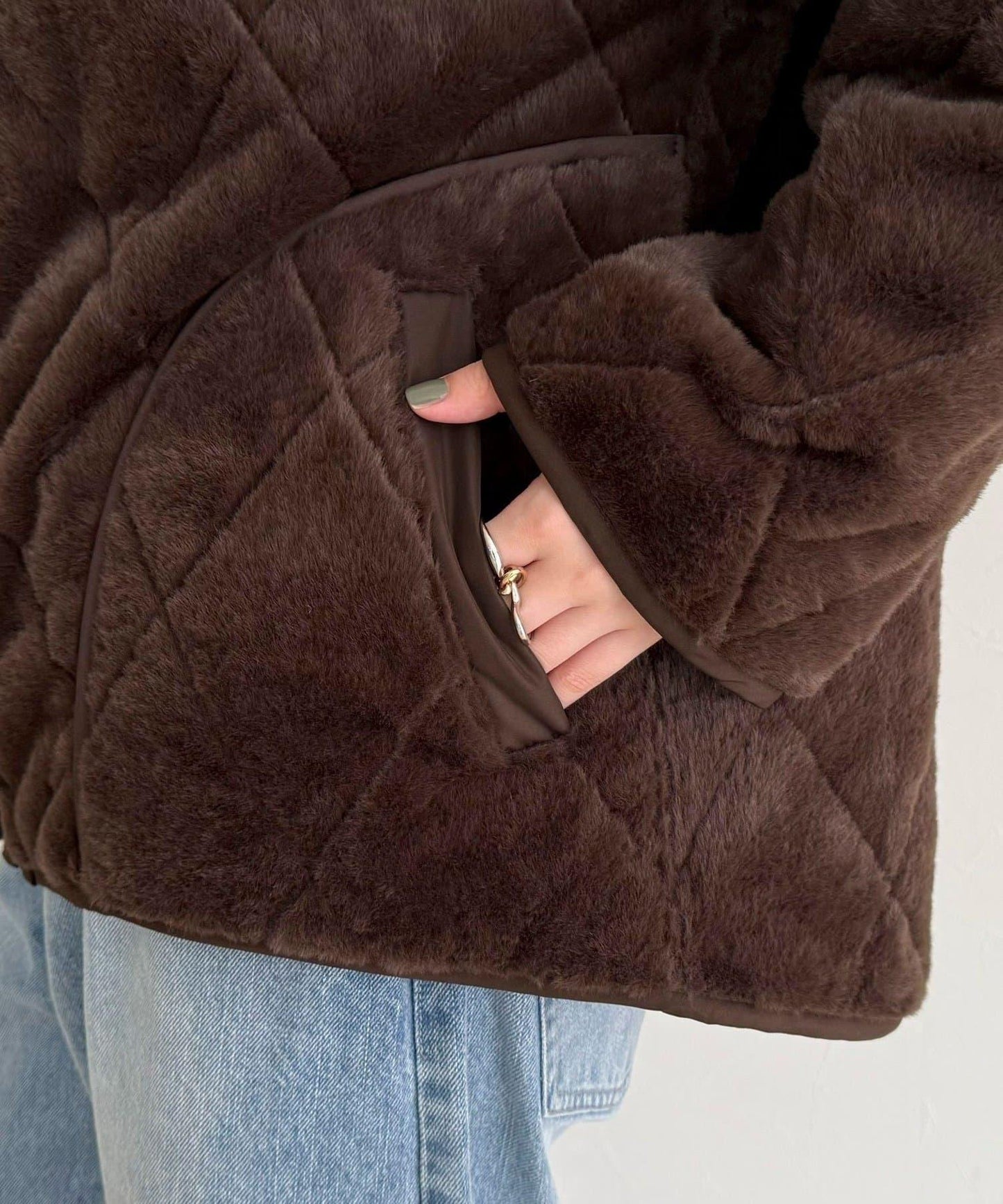 毛絨絎縫拉鍊大衣