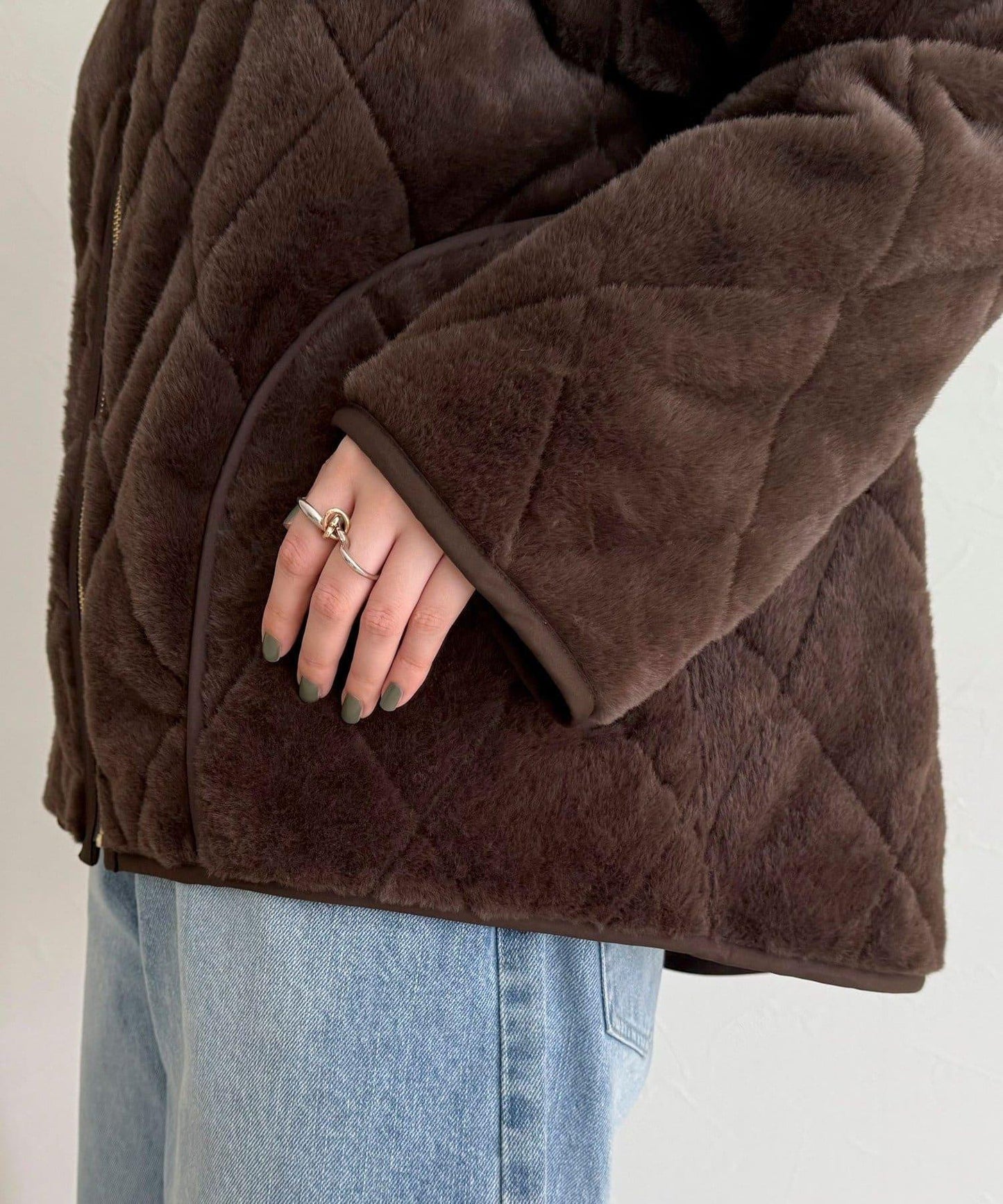 毛絨絎縫拉鍊大衣