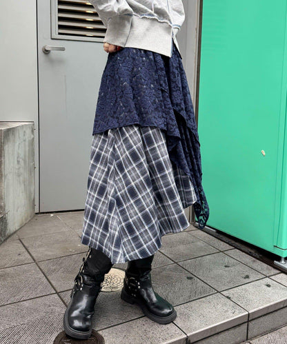 蕾絲拼接格紋不規則中長裙