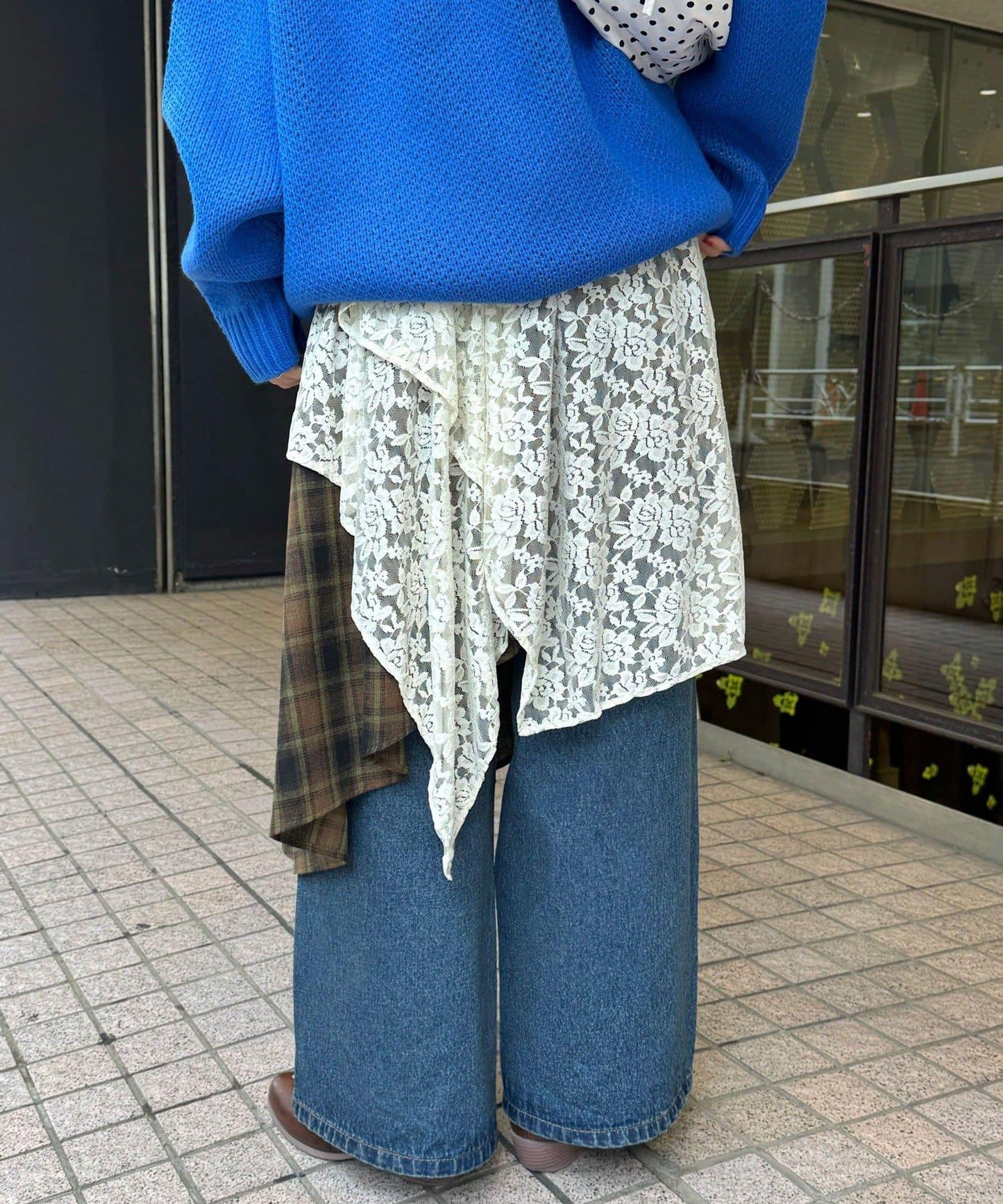 蕾絲拼接格紋不規則中長裙