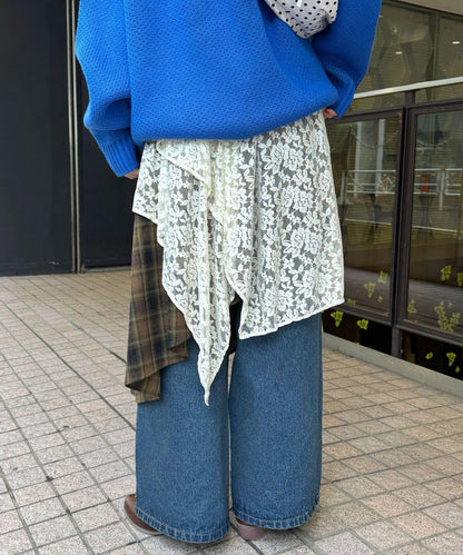 蕾絲拼接格紋不規則中長裙